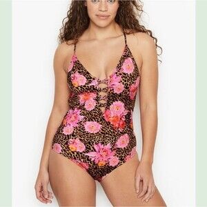 Victoria's Secret Negril Floral/Cheetah Print Plunge Halter One-Piece Swimsuit